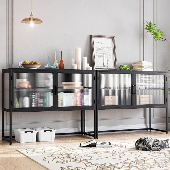 GarveeHome Buffet Cabinet with Glass Doors, Sideboard Cabinet with Adjustable Shelves, Freestanding Glass Storage Cabinet for Kitchen, Living Room, Dining Room, Black