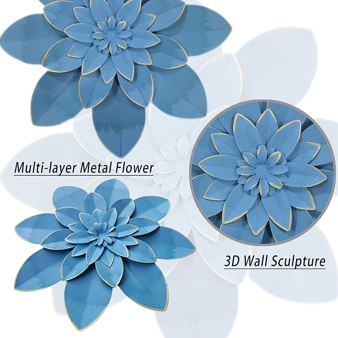 Metal Flower Wall Art Decor, 9.5" Ocean Blue Rustic Modern Floral Sculpture | Distressed Hanging Home Decoration Accent Artworks, Indoor Bedroom Living Room Office, Outdoor Garden Patio