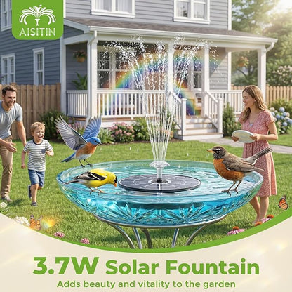 AISITIN 3.7W Solar Bird Bath Fountain Pump with Glass Panel, Upgraded 6.3" Solar Powered Water Pump for Outdoor, 4 Nozzles & Storage, Adjustable Bracket, for Pond, Garden, Aquarium, Hummingbird