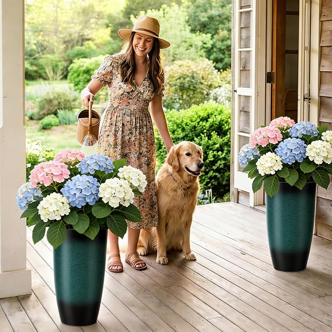 Autodaya 23.8" Tall Outdoor Planters Set of 2 Flower Pot for Outdoor Plants | Faux Ceramic Large Planters with Drainage Hole, Gradient Turquoise Glaze, Weather-Resistant for Garden Patio Porch Home Decor