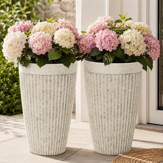 2-Pack 20" Vintage Ivory Resin Tall Planters with Fluted Texture | Set of 2 resin tall planters with fluted texture, drainage plugs, and UV-resistant finish for porch, patio, or garden.
