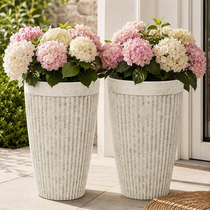2-Pack 20" Vintage Ivory Resin Tall Planters with Fluted Texture | Set of 2 resin tall planters with fluted texture, drainage plugs, and UV-resistant finish for porch, patio, or garden.