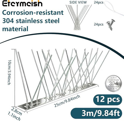 Stainless Steel Bird Spikes for Pigeons,Pre-Assembled,Anti Bird Deterrent Spikes for Woodpeckers, Squirrels, Raccoons，Weatherproof Fence Spikes for Roof, Railing,Patio, 9.84 Feet