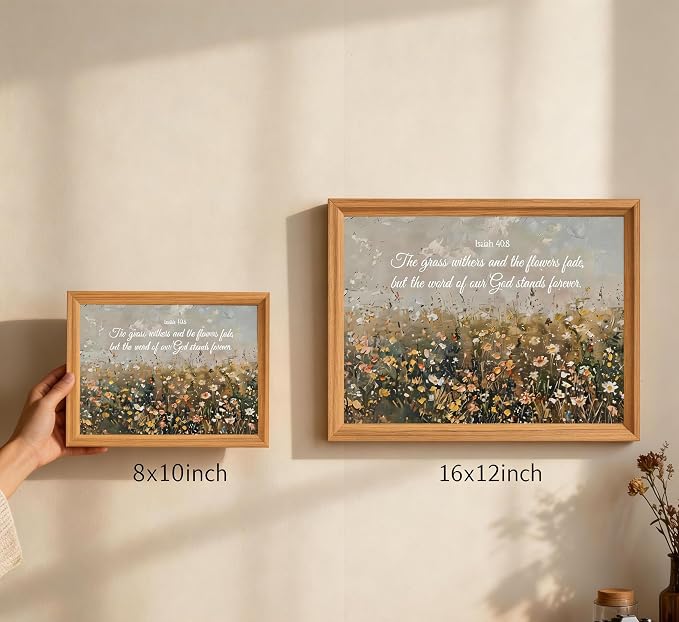 smvexyl Framed Christian Bible Verse Wall Art Canvas, Isaiah 40:8 Scripture Wildflower Meadow Painting Religious Wall Decor Faith Inspirational Picture for Living Room Bedroom Home Decoration 16x24