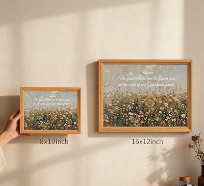 smvexyl Framed Christian Bible Verse Wall Art Canvas, Isaiah 40:8 Scripture Wildflower Meadow Painting Religious Wall Decor Faith Inspirational Picture for Living Room Bedroom Home Decoration 16x24