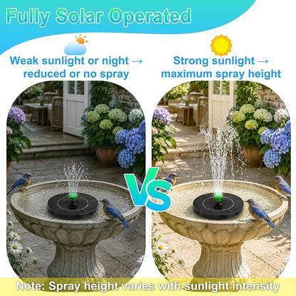 3.5W Solar Fountain Pump, Solar Bird Bath Fountain with 6 Green & 6 Black & 6 Blue Nozzles, Solar Water Pump for Outdoor Garden Patio Small Pond Fish Tank Landscape Decoration