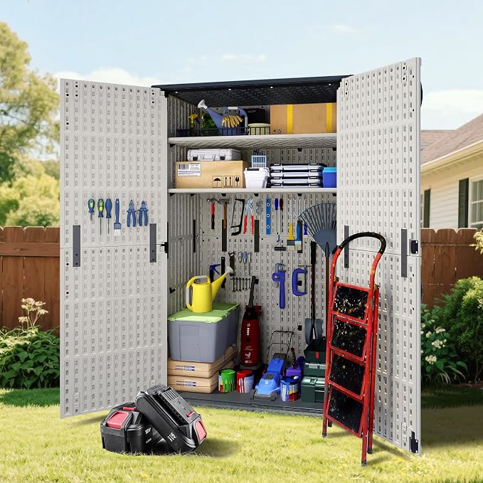 Greesum Outdoor Storage Shed Without Divider, 50 cu.ft Outdoor Waterproof Storage Cabinet for Garden Tools, Garbage Cans, Pool Storage, Beige