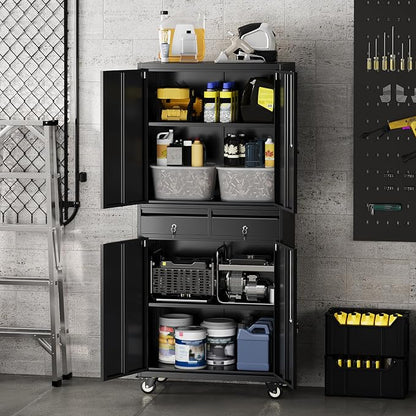 71" Black Metal Storage Cabinet with Wheel, Garage Storage with 2 Drawers + 2 Adjustable Shelves, Heavy Duty Tool Cabinet with Locking Doors for School, Workshop, Office, Black