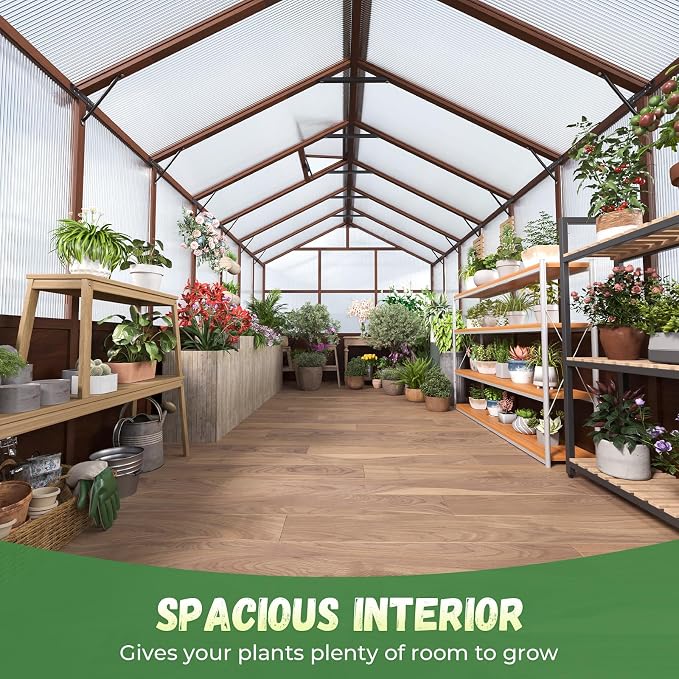 Jocoevol 8x16ft Outdoor Greenhouse, Wooden Frame Polycarbonate Greenhouse with Adjustable Roof Vents and Lockable Door Handle, Walk-in Greenhouse Perfect for Backyard and Garden