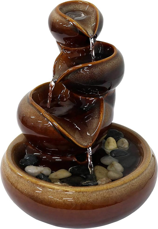 Sunnydaze Tiered Vessels Ceramic Tabletop Water Fountain - Relaxing Indoor Fountain for Office, Bedroom, or Living Room - Brown