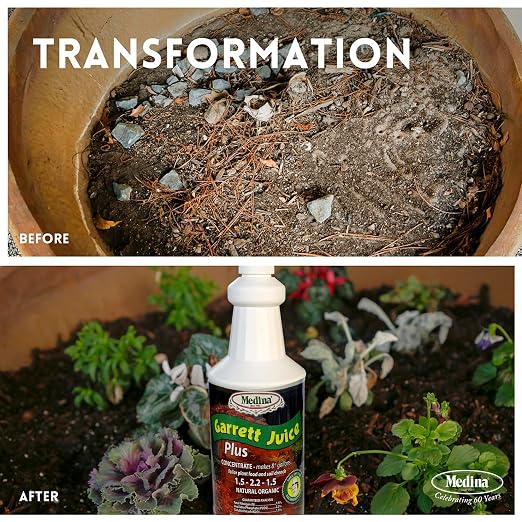 Medina Garrett Juice Plus -Liquid Plant Food & Fertilizer for Houseplants, Lawn, & Garden | Foliar Solution & Growth Enhancer, Ideal for Potted & Patio Plants | Nitrogen-Rich Liquid Fertilizer - 1 Qt.