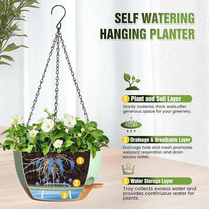 10 Inch Self-Watering Hanging Planters Set of 3 with Saucers | Set of 3 10-inch self-watering hanging planters with extra growing space, side-fill ports, chain hangers & snap-on saucers