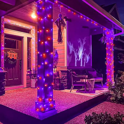 2 Pack Christmas Lights Outdoor, Total 200FT 600 LED Purple Orange String Lights for Outside with 8 Modes Waterproof, Plug in Christmas Decorations for Indoor House Patio Garden Party Holiday