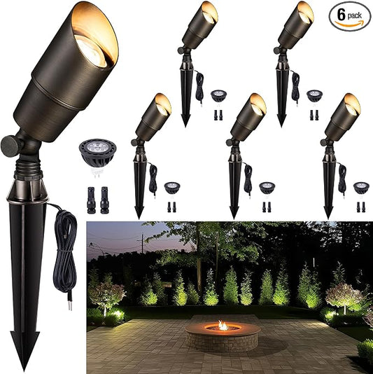 Gardenreet Solid Brass Spot Lights - Low Voltage Landscape Spotlight Outdoor, 12V LED Uplights Wired Waterproof, Electric Bronze for Patio Wall with 2700K Warm White MR16 Bulb (6 Pack)