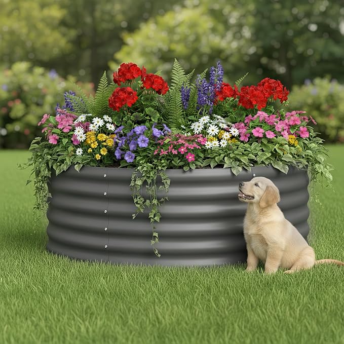 DDK Galvanized Raised Garden Bed, Round Outdoor Planter Bed, 4x4x1.5ft Metal Planter Box for Gardening and Planting,2Pack,DG