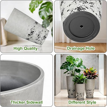 QCQHDU 24, 21, 18 inch Tall Planters for Outdoor Plants, with Drainage Hole & Saucer, Set of 3 Tall Outdoor Planter for Indoor & Outdoor Plants, Modern Home Decor