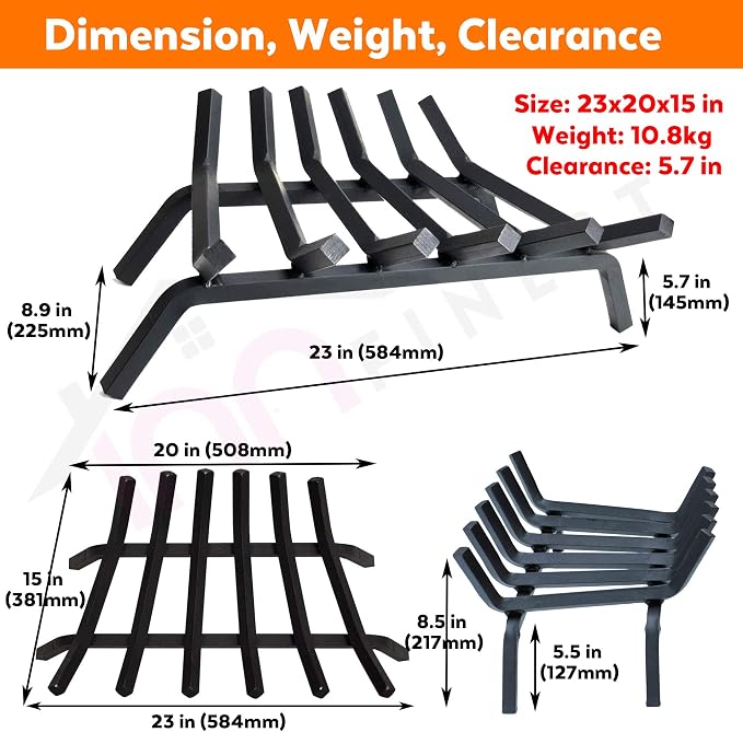 Fireplace Log Grate 23 inch 6 Bar Fire Grates Heavy Duty 3/4” Wide Solid Steel Indoor Chimney Hearth Outdoor Fire Place Kindling Tool Pit Wrought Iron Wood Stove Firewood Burning Rack Holder