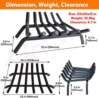 Fireplace Log Grate 23 inch 6 Bar Fire Grates Heavy Duty 3/4” Wide Solid Steel Indoor Chimney Hearth Outdoor Fire Place Kindling Tool Pit Wrought Iron Wood Stove Firewood Burning Rack Holder