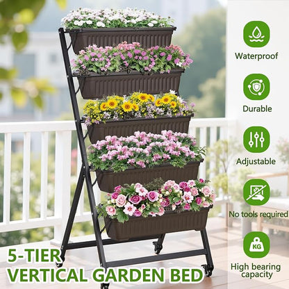 VECELO 5-Tier Vertical Garden Bed, Freestanding Elevated Raised Garden Planter with 5 Garden Planter Boxes, Lockable Caster Wheels, Drainage System, for Plants, Vegetables, Flowers, Herbs
