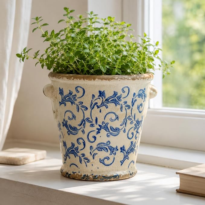 Dosayes Vintage Ceramic Flower Pot with Drainage Holes and Handle,Ice Crack Country Rustic Planters for Indoor Outdoor,Tuscan Decor,Home and Garden Decor,Gardening Present