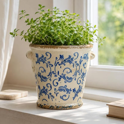 Dosayes Vintage Ceramic Flower Pot with Drainage Holes and Handle,Ice Crack Country Rustic Planters for Indoor Outdoor,Tuscan Decor,Home and Garden Decor,Gardening Present