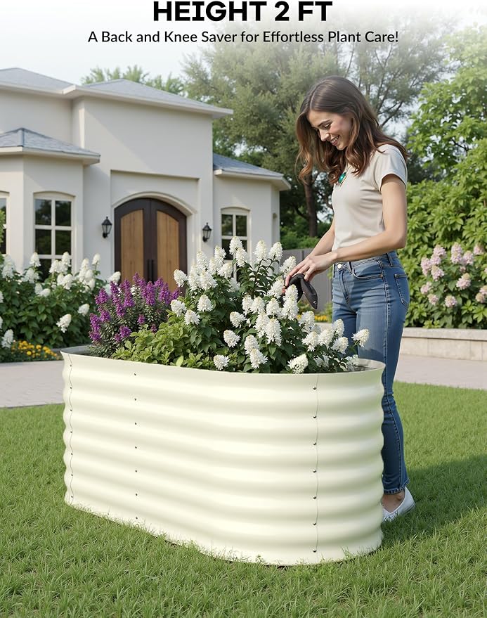 GarveeLife 4x2x2 ft Galvanized Raised Garden Bed - 24 in Tall Metal Planter Box for Vegetables, Flowers, Herbs, Rust-Resistant Outdoor Garden Box, Easy Assembly Raised Beds for Gardening, Beige