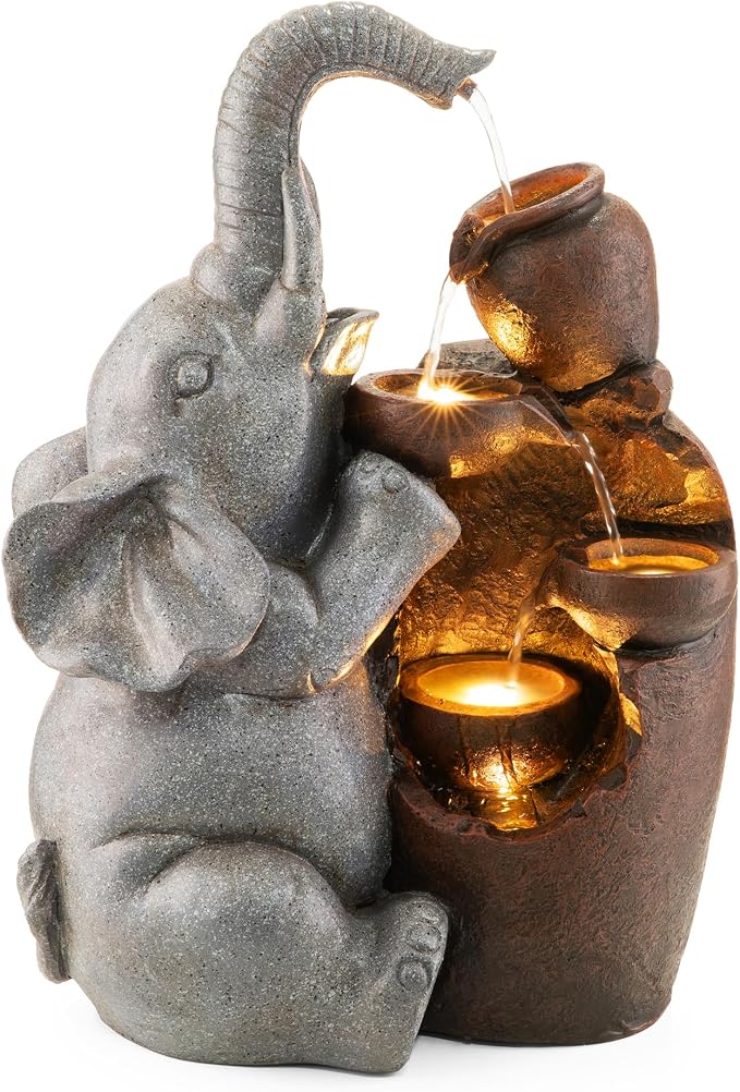Glitzhome Outdoor Water Fountain, 4-Tiered Elephant and Pot Outdoor Fountain with Lights, 18.5" H Polyresin Decorative Waterfall Feature Garden Fountain with Pump for Patio, Yard, Deck, Porch Decor