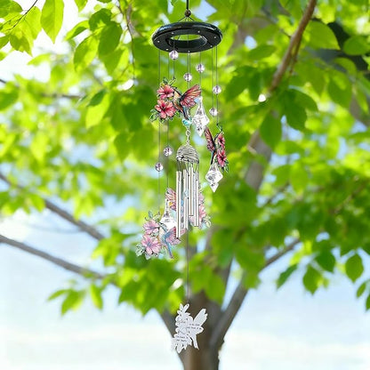 YU FENG Hummingbird Memorial Wind Chime, Crystal Suncatcher Garden Decor | 27 Inch Pink Metal Wind Chime, Hummingbird Design, Sympathy Gift For Women Mom Grandma, Outdoor Hanging Decor