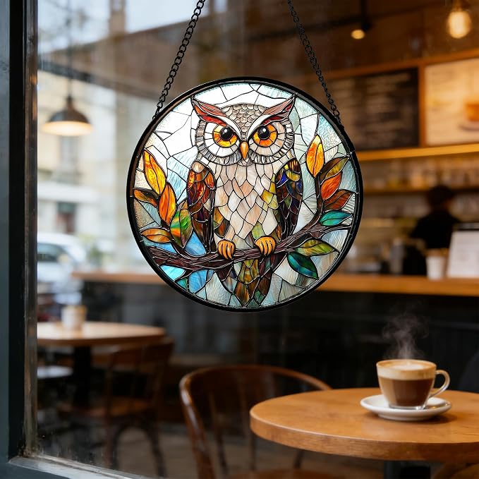 DASTOLL Stained Glass Window Hanging, Owl Colorful Leaves Birds Sun Catchers Diamond Glass Panel Hangings Suncatcher Decor for Birthday for Women, Men, Wife, Aunt, and Mom 9.8 in