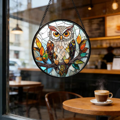 DASTOLL Stained Glass Window Hanging, Owl Colorful Leaves Birds Sun Catchers Diamond Glass Panel Hangings Suncatcher Decor for Birthday for Women, Men, Wife, Aunt, and Mom 9.8 in