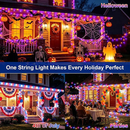 2Pack Solar Halloween String Lights Outdoor, 66ft 200LEDs Purple & Orange String Light with 11 Modes, Waterproof Patriotic Solar Lights for Garden Yard Pathway Fence Party Memorial Day