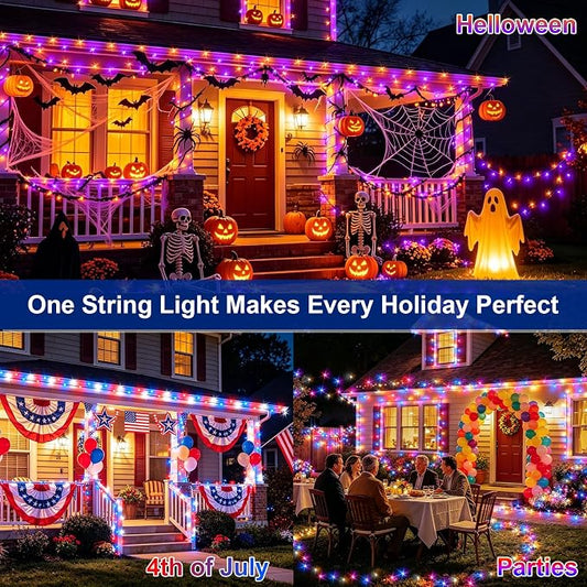 2Pack Solar Halloween String Lights Outdoor, 66ft 200LEDs Purple & Orange String Light with 11 Modes, Waterproof Patriotic Solar Lights for Garden Yard Pathway Fence Party Memorial Day