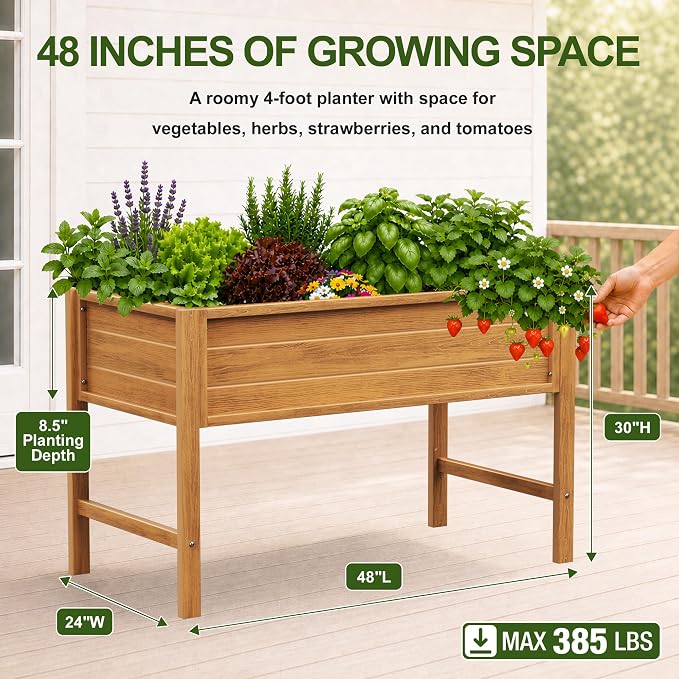 YEFU 48" Raised Garden Bed with Legs, HIPS Outdoor Garden Bed, Teak | Raised Garden Bed with Legs for Patios & Decks, 30" Height, Wood-Look HIPS, Drainage, 385 lbs Support for Vegetables & Herbs