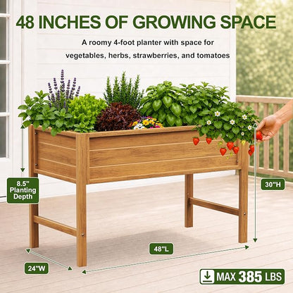 YEFU 48" Raised Garden Bed with Legs, HIPS Outdoor Garden Bed, Teak | Raised Garden Bed with Legs for Patios & Decks, 30" Height, Wood-Look HIPS, Drainage, 385 lbs Support for Vegetables & Herbs