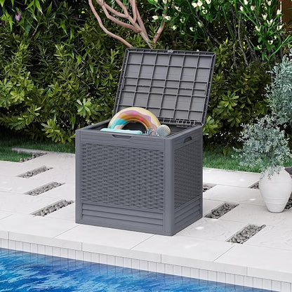 Tangkula 25 Gallon Outdoor Storage Box, Waterproof PP Resin Patio Storage Box with with Lockable Lid for Indoor & Outdoor Use, 2-in-1 Rattan Design Deck Box for Patio Cushions, Garden Tools