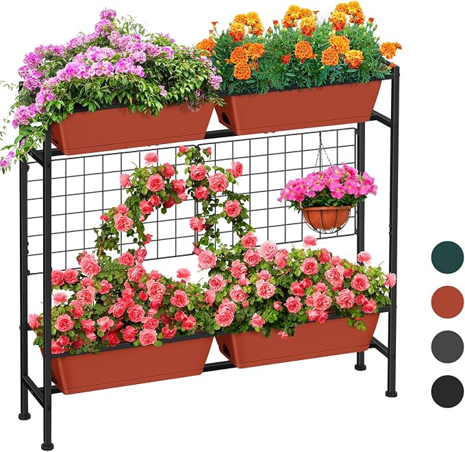 ETELI Raised Garden Beds Outdoor Elevated Planter Boxes with Trellis Patio Herb Garden Planter Outdoor Raised Planter Boxes with Legs for Vegetable Patio Balcony Porch, Brick Red