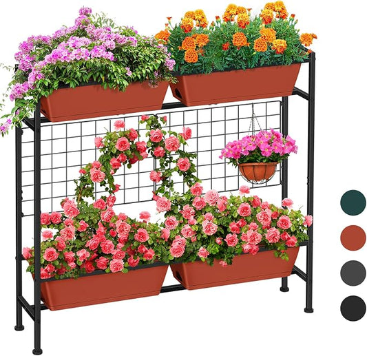 ETELI Raised Garden Beds Outdoor Elevated Planter Boxes with Trellis Patio Herb Garden Planter Outdoor Raised Planter Boxes with Legs for Vegetable Patio Balcony Porch, Brick Red