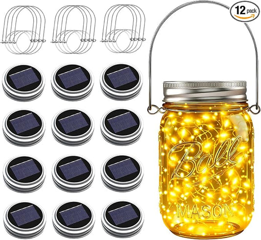 Mason Jar Solar Lights for Outside, 12 Pack 30 LED Fairy Firefly Lights Mason Jar Solar Lids Outdoor Waterproof String Lights with Hangers(NO JARS) for Patio Garden Yard Lawn Decor - Warm White