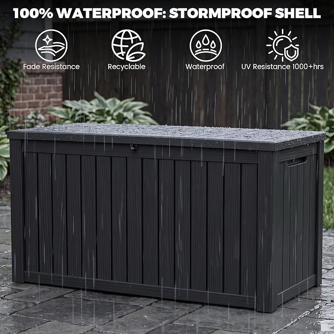 Outdoor Storage Box, 180 Gallon Waterproof Deck Box [Upgraded 3.1], Large Resin Storage with Hydraulic Gas Lifts for Cushions, Lawn Mower Tools Chest Bench, Large Backyard, Black