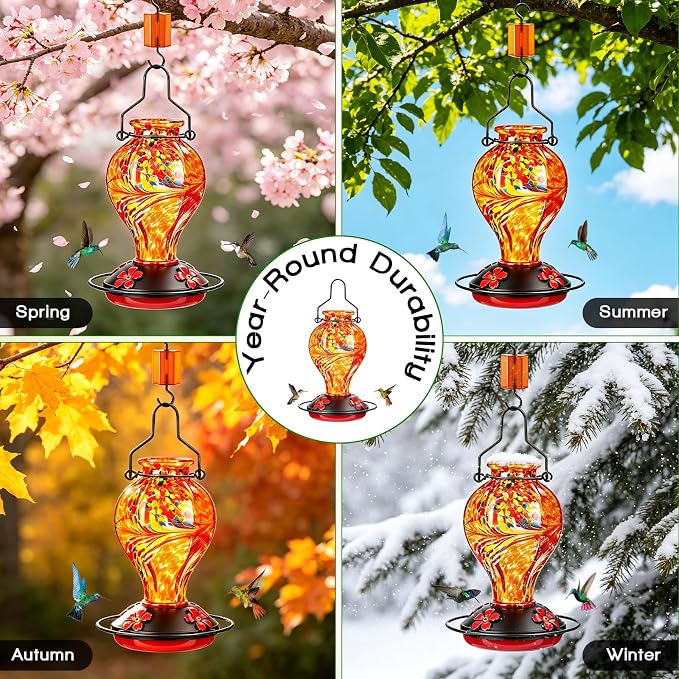 Hand Blown Glass Hummingbird Feeders for Outdoors Hanging, 24oz Wild Bird Nectar Feeder with Ant Moat and Perch, Bee-Resistant Ports, Garden Decor, Gifts for Women Mom, 1 Pack, Orange Phoenix