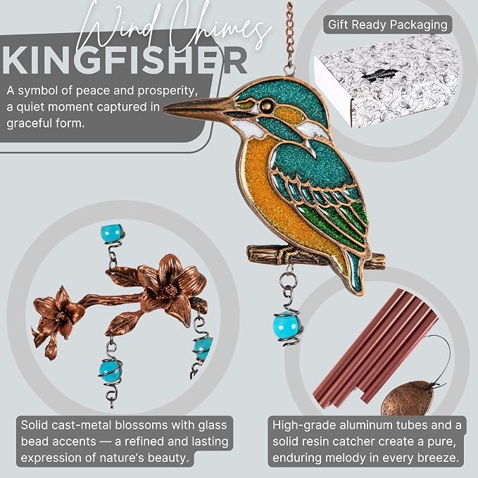 Wind Chimes - Wind Chimes for Outside Deep Tone 32 inches 5 Aluminum Tubes, Birthday, Memorial, Gifts for Mom, Grandma, Daughter, Decoration for Home, Garden, Patio, Backyard (32" Kingfisher)