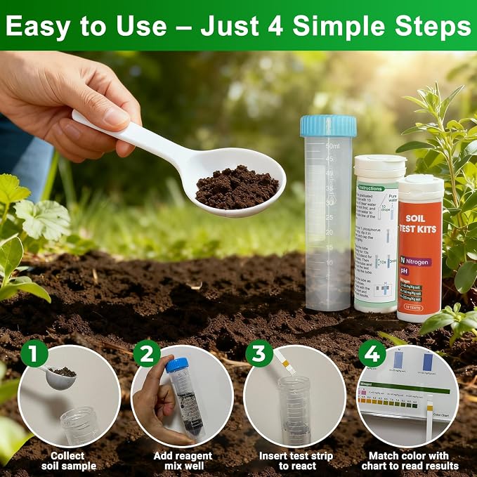 Soil Test Kit 4-in-1 for Lawns & Gardens – 40 Tests (pH, Nitrogen, Phosphorus, Potassium) – Easy Soil Testing Kit for Vegetable Garden, Lawn & Plants