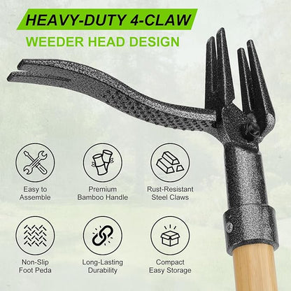 Stand Up Weed Puller Tool - 4-Claw Steel Head, 31"-44.5" Adjustable Long Handle, Heavy Duty Garden Weeder with Foot Pedal, Easy Root Removal for Lawn, Yard, Garden & Flower Bed