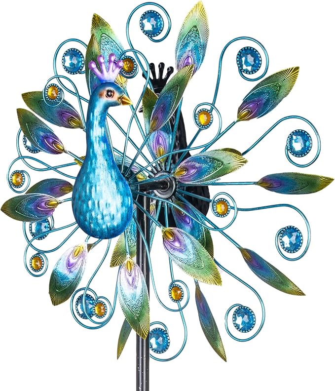 Stargarden 58 Inch Peacock Wind Spinner-Double Wind Sculpture | Metal Windmill for Garden Patio Yard Decor