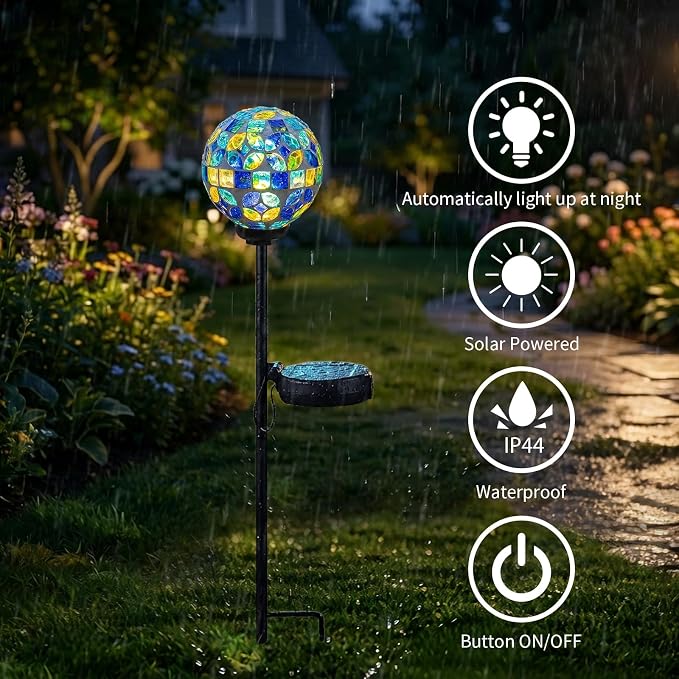 VCUTEKA Solar Lights Outdoor Decorative - Waterproof Mosaic Solar Garden Light, LED Pathway Stake for Landscape Lawn Patio Yard, Solar Globe Lights Outdoor, 1 Pack Green Blue