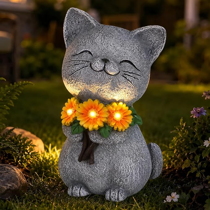 Solar Garden Statues Cat with Daisy and LED Lights Birthday Gifts for Women Mom Grandma Solar Outdoor Cat Decor for Outside,Outdoor Solar Lights for Yard, Garden and Patio, Unique Gift for Women