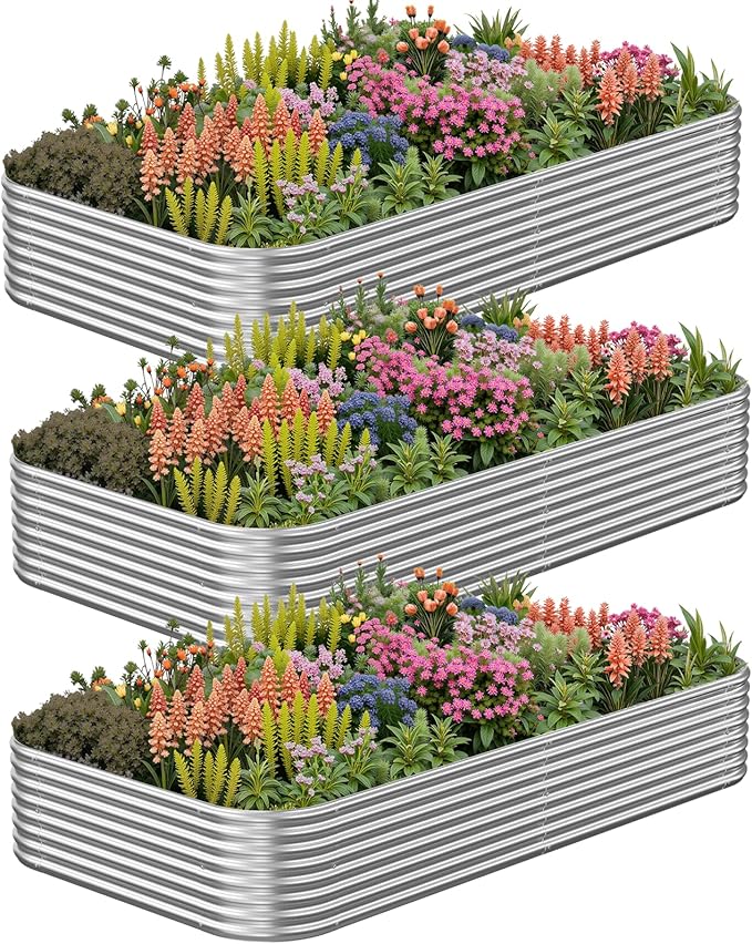 3 Pack 8x3FT Corrugated Galvanized Steel Raised Garden Bed Outdoor, Metal Above Ground Garden Bed for Vegetables and Flowers, Raised Beds for Gardening