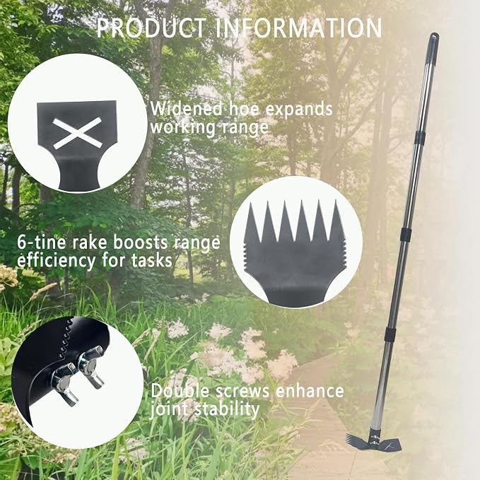 60" Weed Puller Tool with Long Handle, Heavy Duty 2-in-1 Weed Rake and Garden Hoe, Manual Weed Remover Tool for Yard, Lawn, Patio, Garden