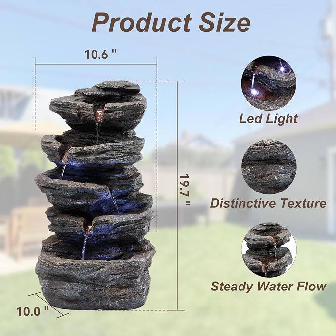 20" Outdoor Water Fountain with Lights, 5-Tiered Cascading Rock Water Fountain, Outdoor Garden Waterfall Decor for Garden, Patio, Courtyard