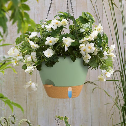 ZMTECH 12 Inch Large Self Watering Hanging Planters for Indoor Outdoor Plants - Water Level Indicator & Removable 60 Oz Reservoir, 1 Pack Plastic Hanging Basket for Window Porch Garden Balcony, Green